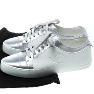 Auth Chanel Silver & White Low Top Sneakers Sz 38 Worn Once